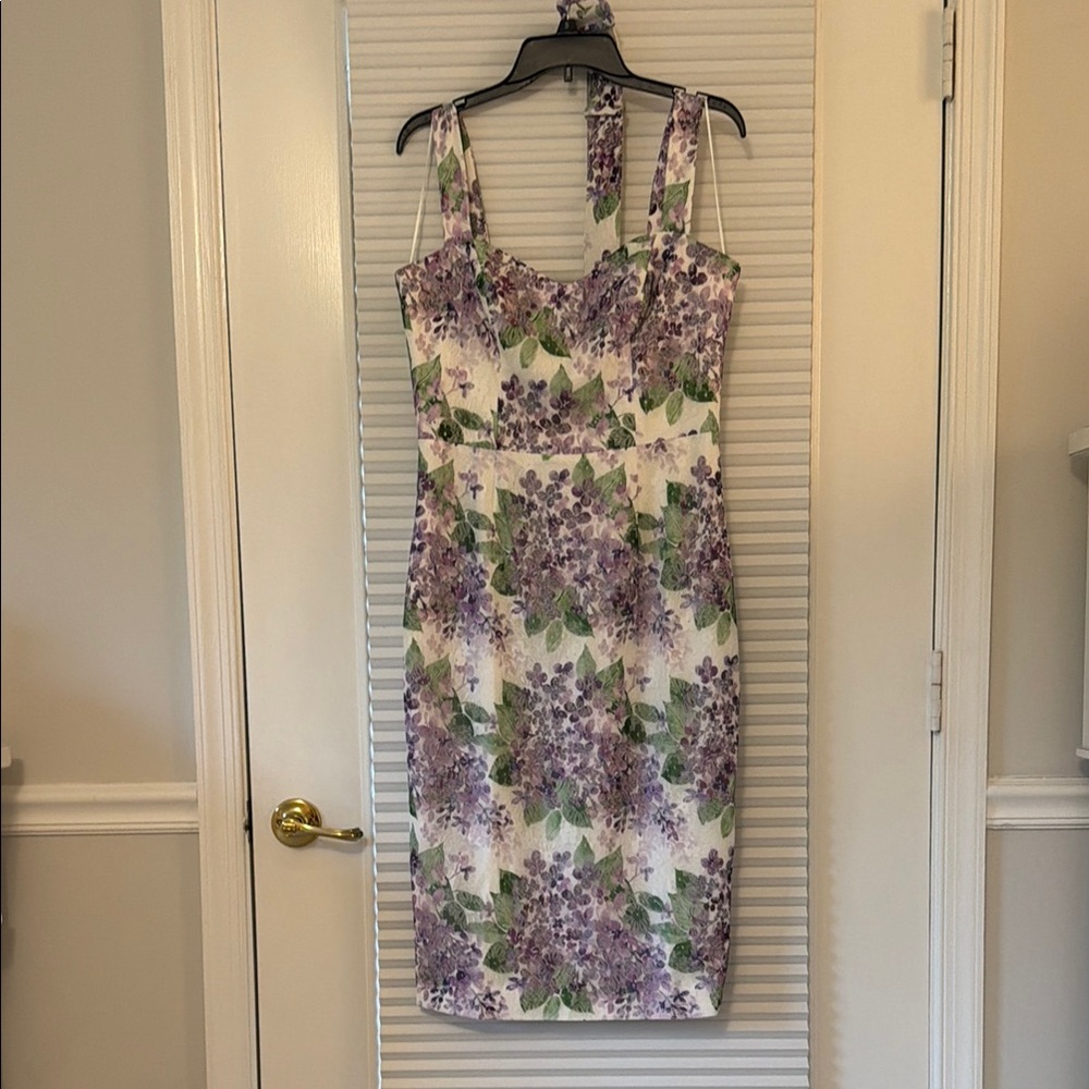 Dress the Population White Floral Midi Dress with Lilac and Green